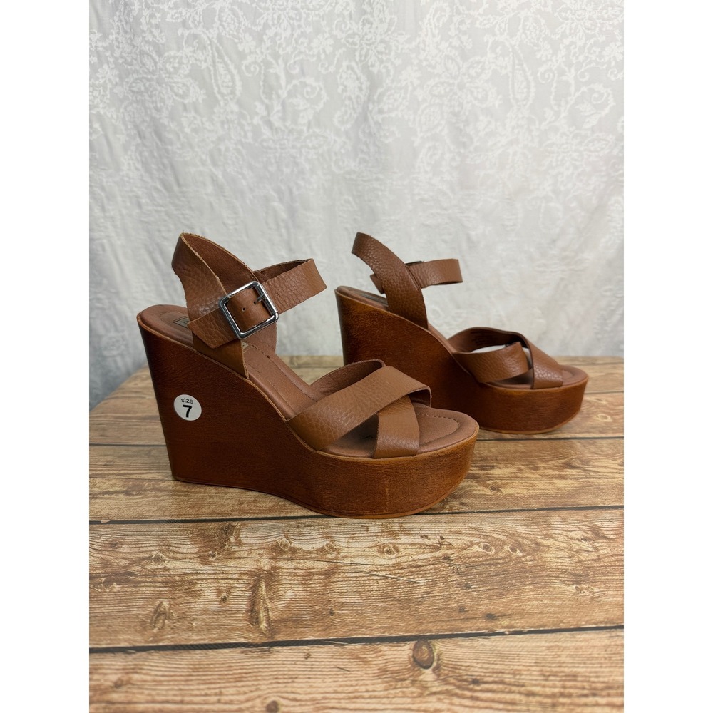 Steve Madden Womens 7 Brown Platform Wedge Sandals Faux Leather Y2K Boho Strappy